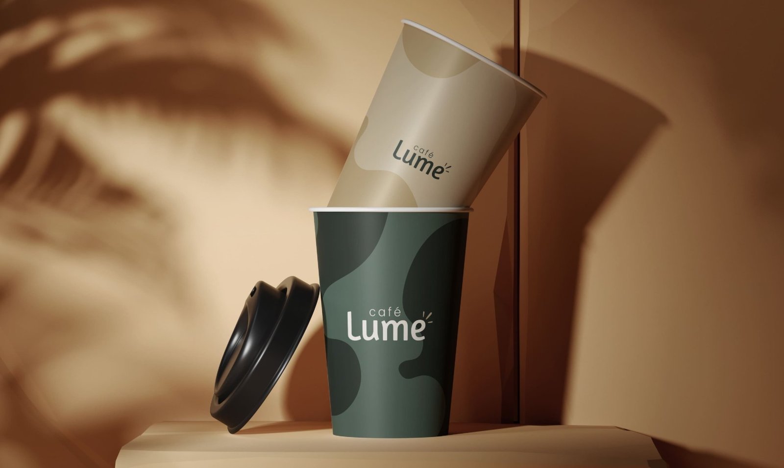 Aplicações da identidade visual do Café Lume em embalagens e materiais de cafeteria